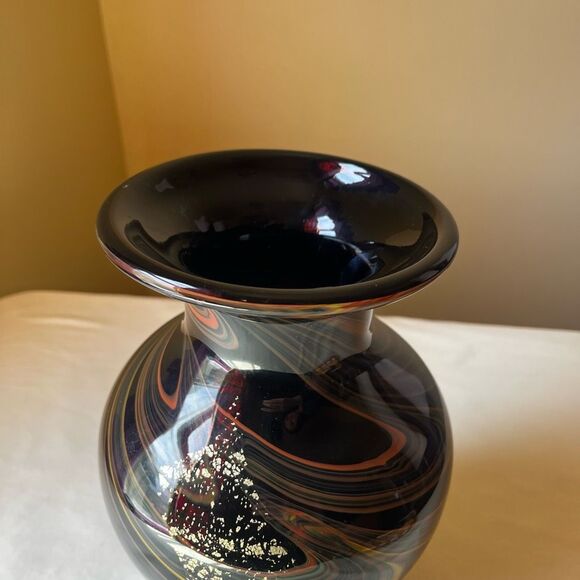 Murano Style Art Glass Vase Hand Blown Blackβ with Gold Foil Mid Century Modern - Picture 3 of 12